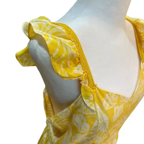 Angie  Midi Dress Cap Sleeve Tiered Skirt Yellow Floral Open Back Womens Large