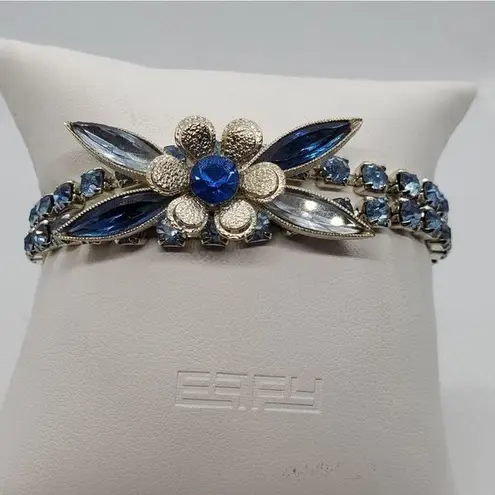 Vintage Blue  & Silver Rhinestone Flower Bracelet