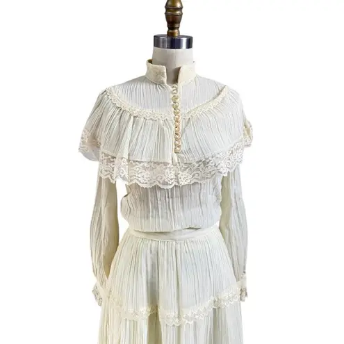 VTG 1970s Ivory Gauze Lace Blouse + Skirt Set Gunne Sax Style Romantic Sz M 11
