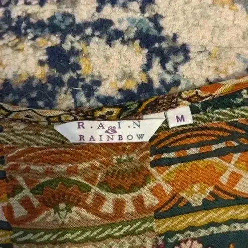 Rain & Rainbow Women’s Multi Ethnic Motifs Printed Bell Sleeves Kurta Size M Blue Size M