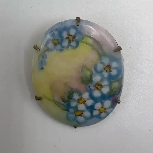 Vintage Hand Painted Porcelain Floral Brass Back Brooch Pin Blue