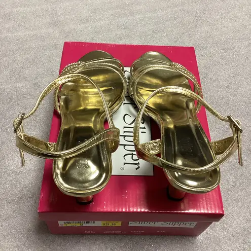 Silver Slipper Belle Gold with Rhinestones 3” High Heels Size 7.5
