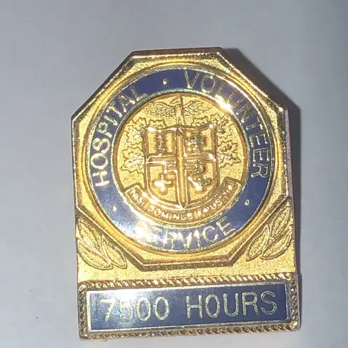 Gold Tone and Blue Hospital Volunteer Service 7500 Hours Vintage Pin