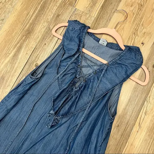 Ethereal boutique Lace Up Frill Neck Chambray denim Dress sz small