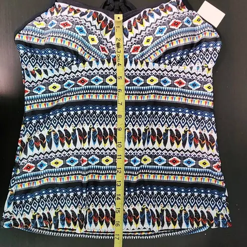 Yonique Feather Print Boho Tankini Top NWT Size Medium Aztec Print Tankini Blue