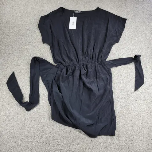 Yoins Womens Wrap Dress Large Black Tie Crewneck Short Sleeve Ruched Mini NEW