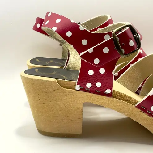 Red & White Polka Dot Wooden Clogs Heels Sandals Peep Toe Leather Womens 8.5 39