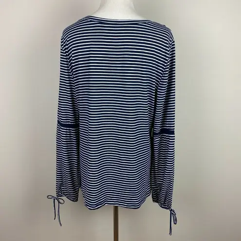 Fred David Top Womens XL Navy Striped Crochet Lace Long Tie Sleeve Scoop Neck