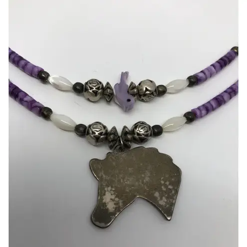 Rare Vtg Silver Horse Necklace Purple Pony Pendant Silver Roses Beaded Bird 16"