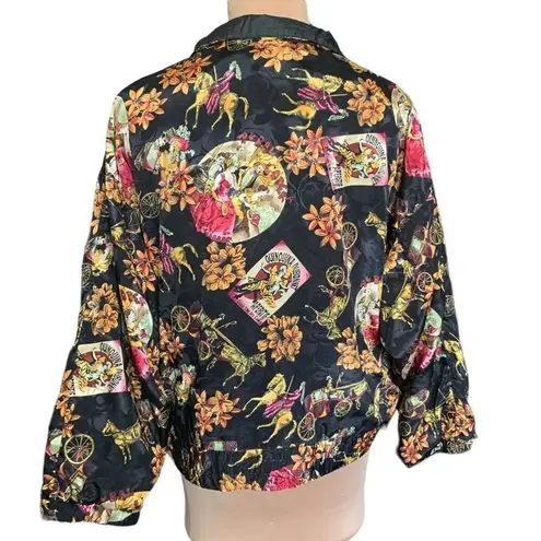 Vintage 90s Sport Jacket Black Yellow Zip Front Windbreaker Floral Equestrian Black Size undefined