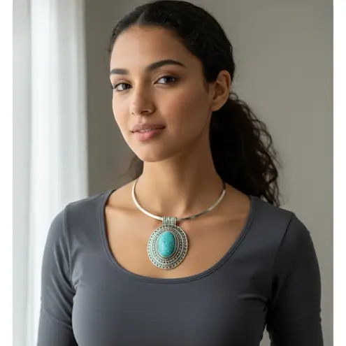 Turquoise Stone Vintage Silver Choker Statement Necklace Bohemian Boho Western