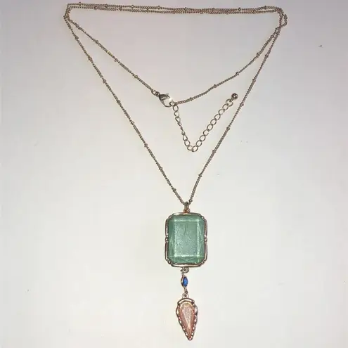 Elegant Gold Tone Green and Peach Shimmer Boho Pendant Necklace