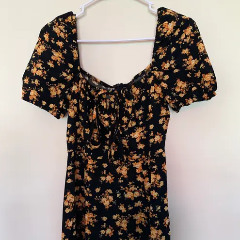 Amazon Women’s Small  Black Yellow Gold Floral Tie Front Milkmaid Midi Dress