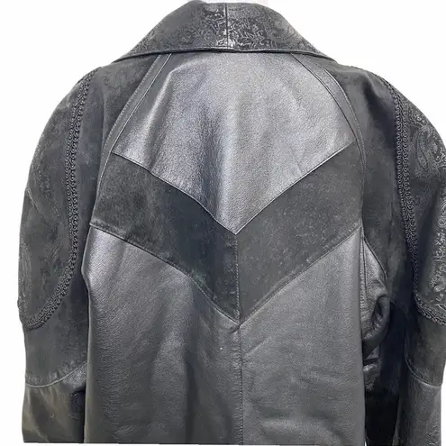 Liz Baker Black Tooled Leather/Suede Long Coat