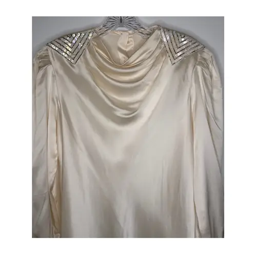 Vintage Lloyd Williams Silk cream blouse beaded sequin draped cowl neck medium