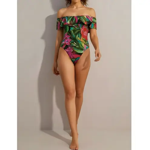 Farm Rio Jardin De Reve Off-Shoulder Ruffle One Piece Swim, Green, Medium