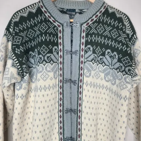 DALE OF NORWAY Fair Isle Wool Knit Clasp Ski Cardigan Sweater Cream Green US L Green Size L