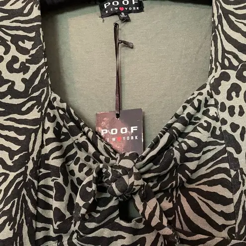 Poof New York Animal Print Sage Green Front Tie Cap Sleeve Mini T-shirt Dress S