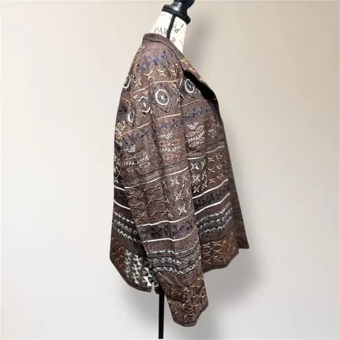 Coldwater Creek W18 Brown Embroidered Beaded Jacket Boho Artsy Open Front Blazer
