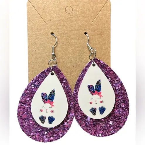 Easter Bunny Leopard Print Purple Glitter Teardrop Earrings New