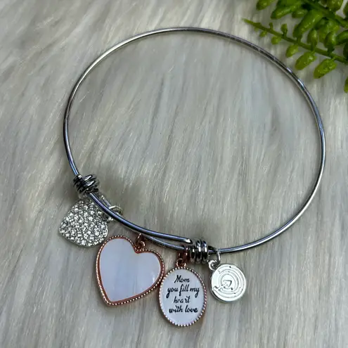 Heart faceted rhinestones charms silver tone bangle bracelet