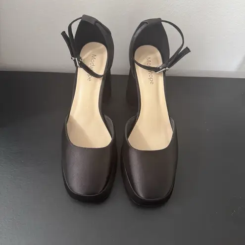 Modatope Women’s Black Satin Platform Chunky Block Heel Platform Pump Size 8