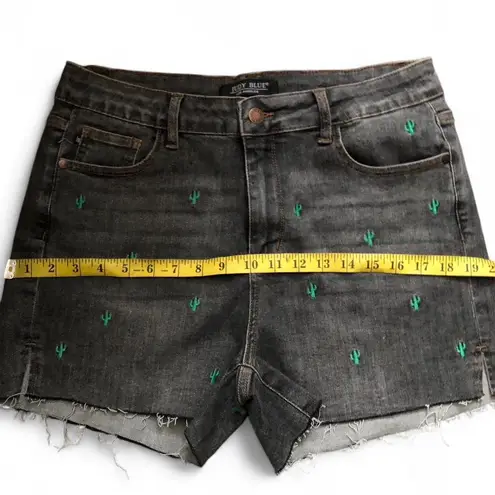 Judy Blue Cactus Embroidery Grey Denim Jean Cut off shorts Raw Frayed Hem Slit Mid High Rise #boho #western #cottagecore #goth #hippie Sz XL Measurement in pics Gray