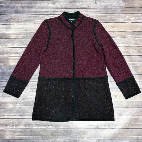 Karl Lagerfeld Merlot Black Marble Colorblock Button Up Mid Length Knit Sweater