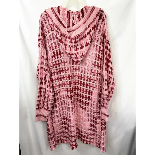 Blue Waters XL Long Cardigan Pink Red Plaid Hooded Knit Sweater Chunky Fall D Size 1X