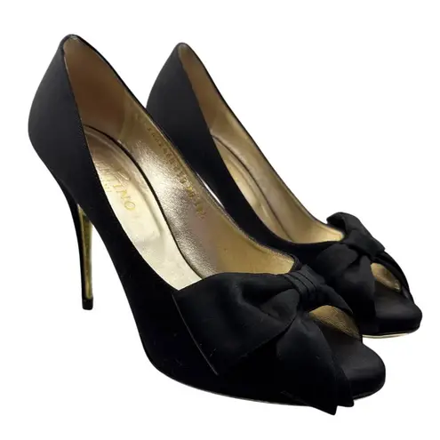 Valentino Garavani Black Satin Bow Peep-toe High Heels Size 38.5