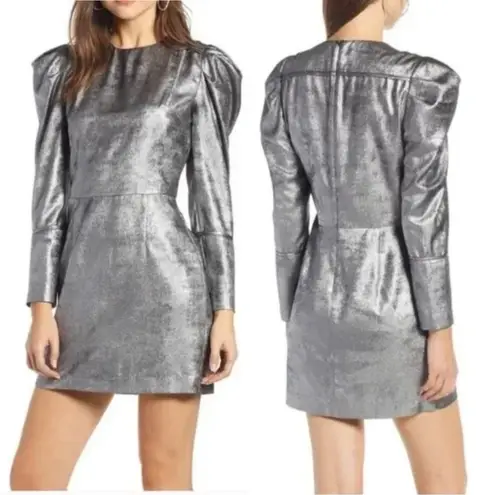 Something Navy Foil mini dress Sz Medium Silver metallic puff sleeves Rave party