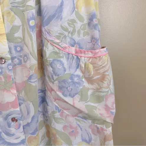Vintage Herbcraft Pastel Floral Pearl Snap Front House Dress Robe Medium Pink