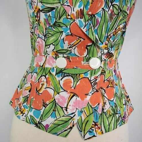 Vintage floral print short sleeve jacket, green and red, cotton blend Size XXS