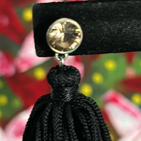 Black Tiered Tassel Fringe Drop Earrings with Crystal Rhinestone Button Posts