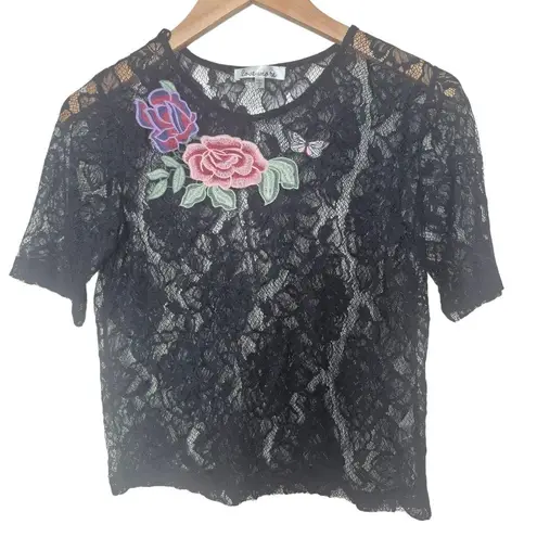 Love More Y2K Black Lace Top with Floral Embroidery Mesh See Through Size Medium