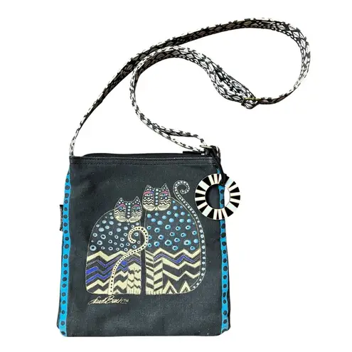 Laurel Burch Purse Gato Cat Print Crossbody Bag Bead Adjustable Strap Wood Charm Black