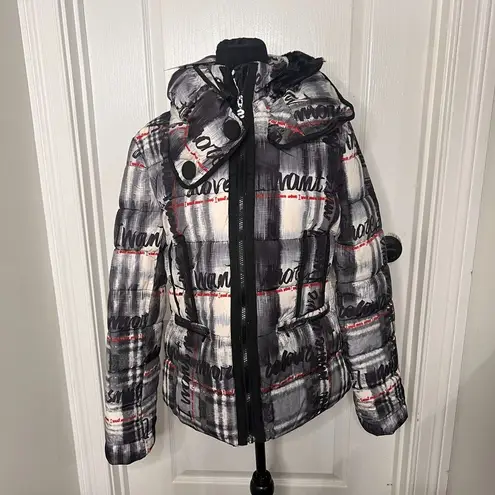 Desigual Womens Jacket Size 6 Black Sigrun 36 Padded Tartan Lettering Coat NWT