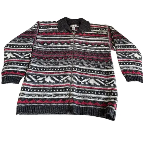 BASH Full Zip Knit Sweater Jacket L Nordic Fair Isle Pattern Gray Red Wool Blend Size L