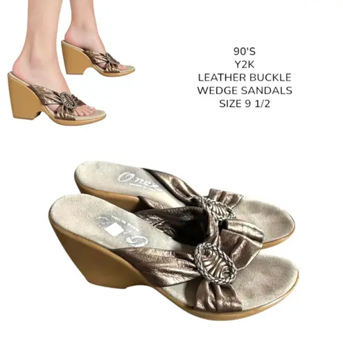 90's y2k vtg. bronze leather embellished wedge ONEX sandals heels size 9 1/2. Brown