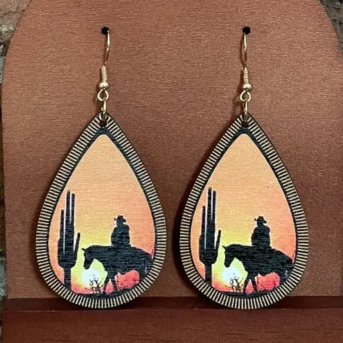 Desert Cowboy Sunset Wood Earrings Orange