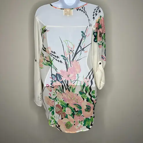 Yumi Kim Womens Floral Roll Tab Sleeves Cream Pink Button Top 100% Silk Size S