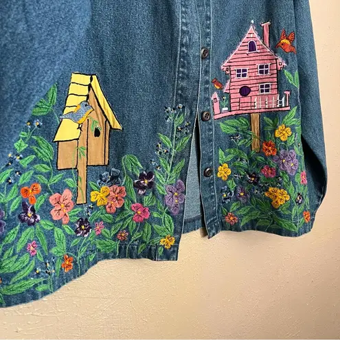 Vintage The Tog Shop Spring Floral Embroidered Denim Jacket Shacket Blue Large