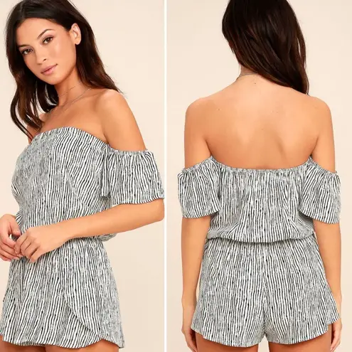 Lulus NWOT Lulu’s Get-Together Black White Striped Off-the-Shoulder Romper