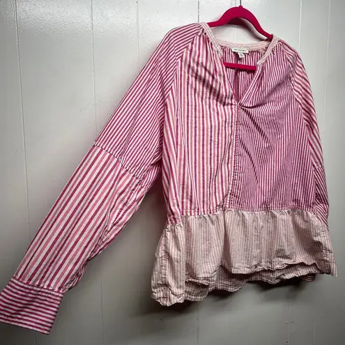 Free Assembly Striped Long Sleeve Ruffle Hem Womens Cotton Top Size XL Pullover Pink