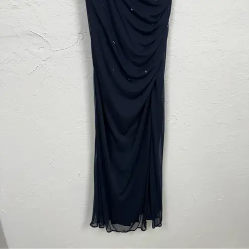 XScape Blue Sequined One Shoulder Maxi Formal Dress Womens 12 Ruched Bridesmaid