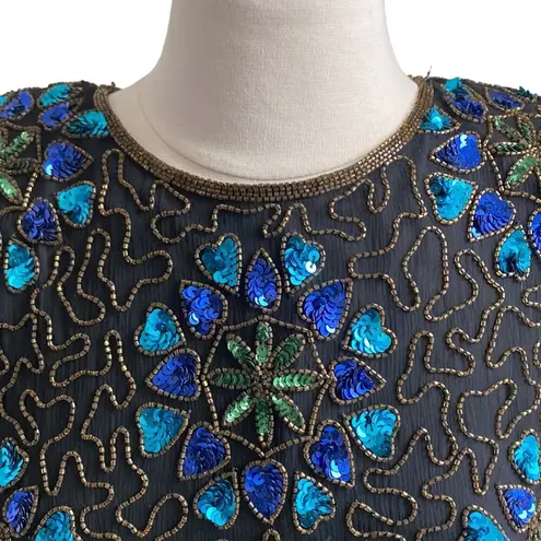 VINTAGE STENAY Top Womens Sz Medium Black Silk Sequin Beaded Hollywood Glam Chic