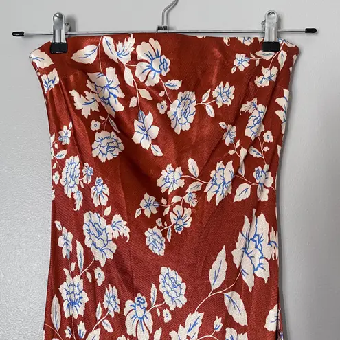 Bec & Bridge Blossom Strapless Satin Floral Cowl Back Maxi Dress Rust Red