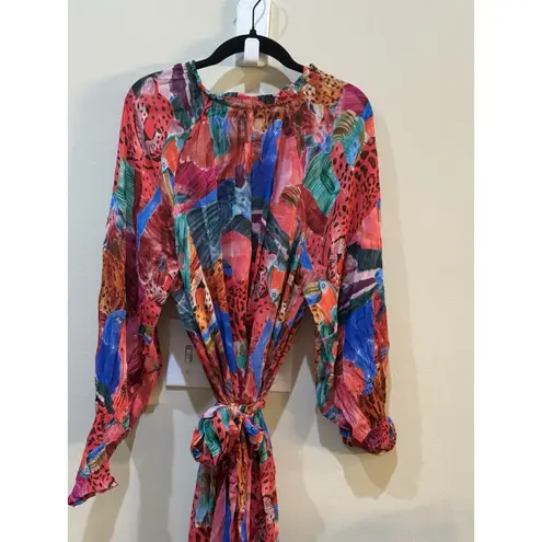 Farm Rio Animal Collage Maxi Dress Red Long Sleeves Tiered Beaded Tassels