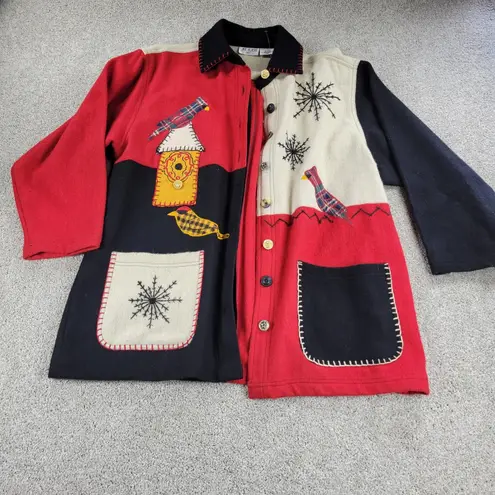 At Ease Women's Wool Cardinal Jacket 1X Red Black Collared Embroidered Patchwork