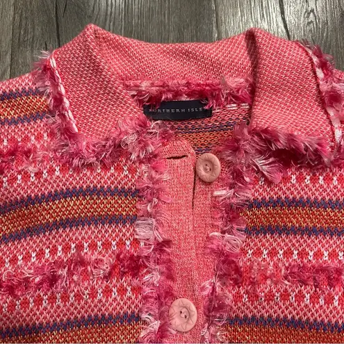 Northern Isles Cardigan Sweater Women's Small Pink Knit Ramie Fair Isle Vintage